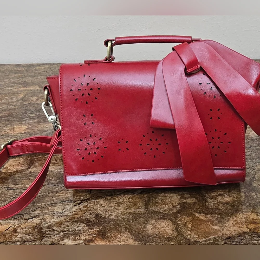 Walsa Red Bow Crossbody Satchel Bag Floral Cutout Top Handle Purse